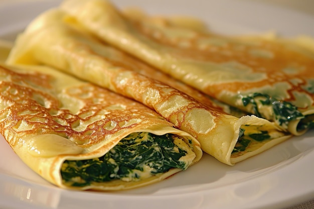 Des crêpes savoureuses avec des épinards et de la ricotta sur une assiette blanche