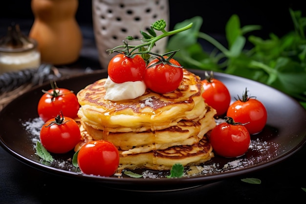 Des crêpes servies avec de la rhubarbe pochée et du sirop de gingembre