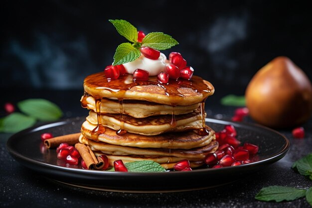 Des crêpes servies avec de la rhubarbe pochée et du sirop de gingembre