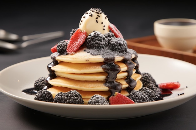 Des crêpes surmontées d'une goutte de sirop de cerise et de crème fouettée