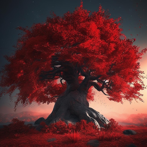 Crépuscule de l'arbre magique de l'esprit rouge AI générative