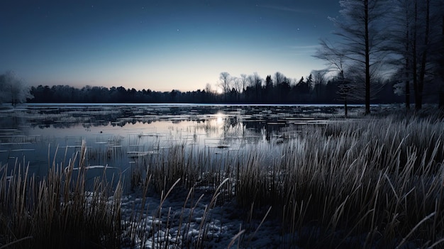 Crépuscule au bord du lac avec arbre de Noël au clair de lune