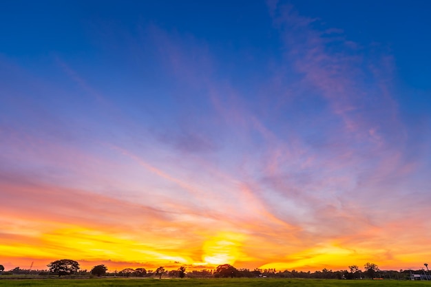 Crépuscule bleu lumineux et orange jaune dramatique ciel coucher de soleil dans la campagne ou la plage coloré cloudscape texture avec fond d'air nuages blancs