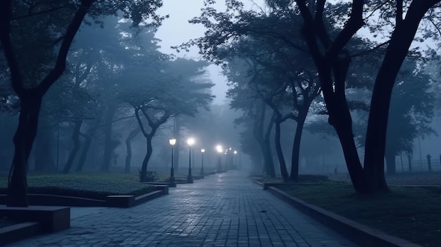 Crépuscule dans un parc urbain ou une forêt Image générée par l'IA