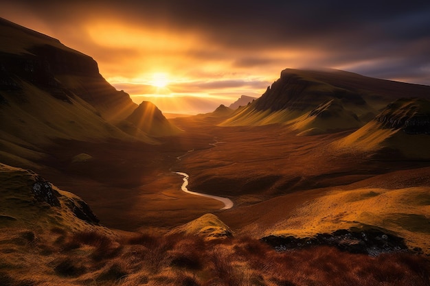 Le crépuscule doré dans les montagnes de Quiraing, en Écosse