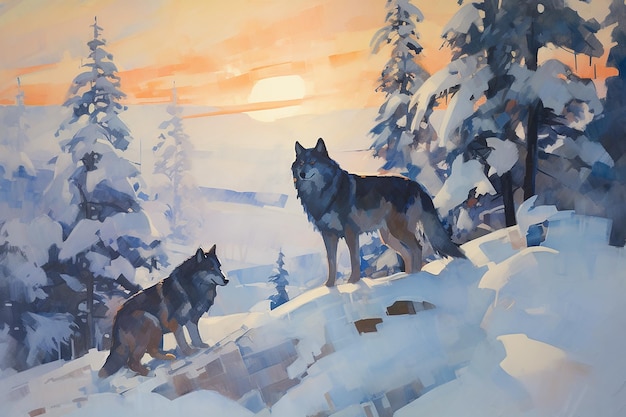 Le crépuscule d'hiver Les loups dans le coucher de soleil à haut contraste