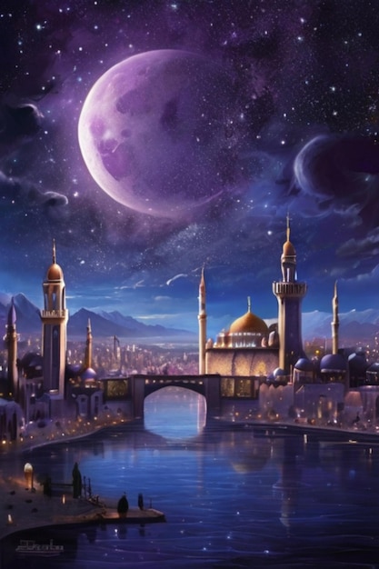 Le crescent du Ramadan se reflète dans l'eau au milieu du paysage urbain