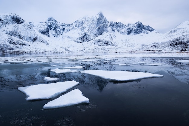 Crête de montagne et glace sur la surface gelée du lac Paysage naturel sur les îles Lofoten Norvège Eau et montagnes au coucher du soleil Image de voyage