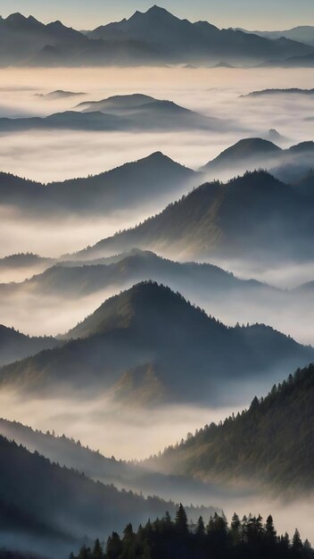 Des crêtes en forme de montagne dans le brouillard panoramique