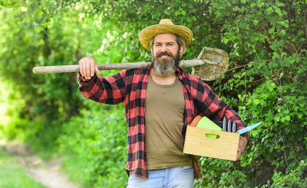 Creuser le sol de printemps avec une pelle homme jardinant dans une serre Un jardinier mâle utilise une pelle au fond du jardin de printemps homme jardinant dans son jardin Je travaille dans le sol riche du jardin de printemps