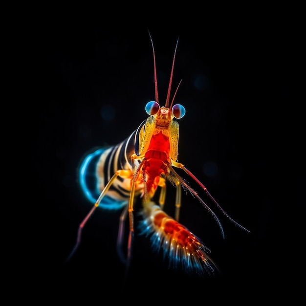 Une crevette aux yeux bleus est photographiée dans une pièce sombre.