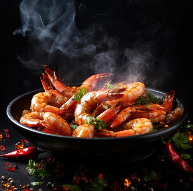 Les crevettes avec de l'ail sont frites dans une casserole