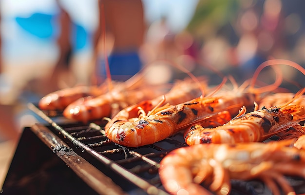 Des crevettes au barbecue sur la grille sur les gens qui font la fête au bord de la mer.