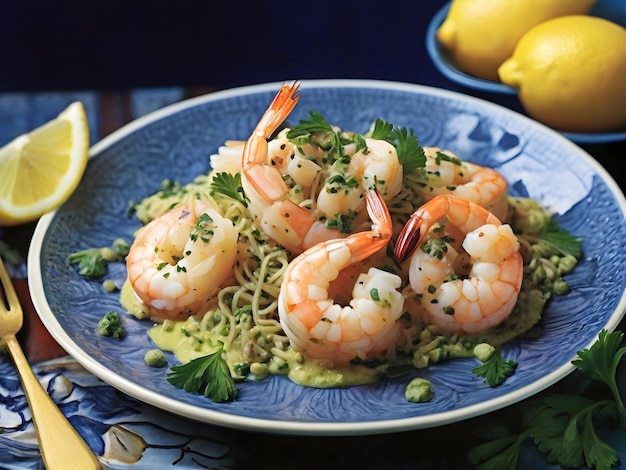 Des crevettes au persil au citron sur une assiette bleue