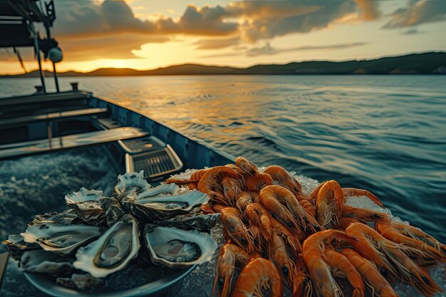 Photo des crevettes sur un bateau en mer