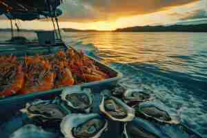 Photo des crevettes sur un bateau en mer