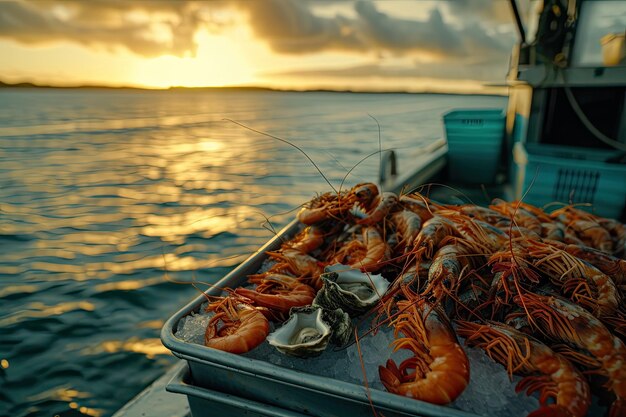 Des crevettes sur un bateau en mer