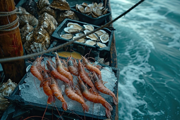 Des crevettes sur un bateau en mer