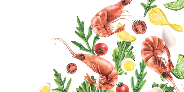 Crevettes bouillies avec ingrédients roquette œufs de caille tomates cerises citron vert citron Illustration aquarelle Composition de la collection SHRIMP Pour la conception et la conception de menus recettes salade