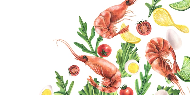 Crevettes bouillies avec ingrédients roquette œufs de caille tomates cerises citron vert citron Illustration aquarelle Composition de la collection SHRIMP Pour la conception et la conception de menus recettes salade