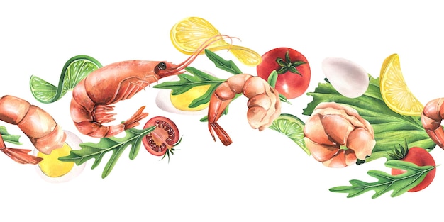 Crevettes bouillies avec œufs de tomates citronnées et roquette en lévitation Illustration aquarelle Bannière sans couture de la collection SHRIMP Pour la conception et la conception de menus recettes emballages cafés