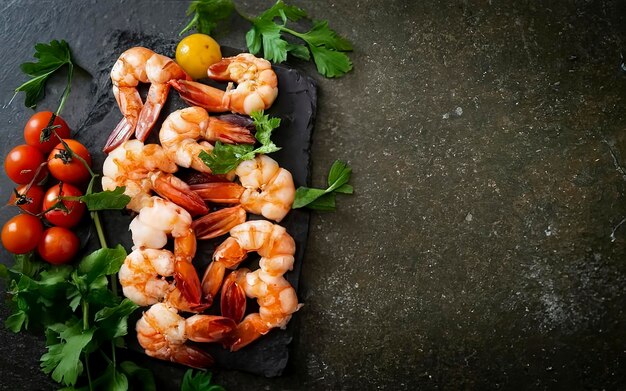 crevettes bouillies sur une planche de pierre avec des tomates et du persil