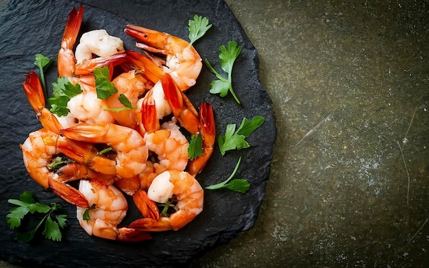 crevettes bouillies sur une planche de pierre avec des tomates et du persil