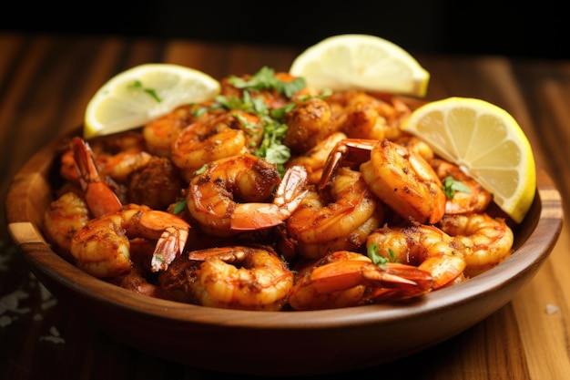 Crevettes Cajun sur planche d'érable avec du citron vert et des épices Délicieux dîner épicure