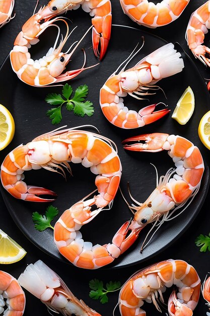 Crevettes crevettes sur assiette noire Crevettes crues crevettes fruits de mer Vue supérieure IA générative