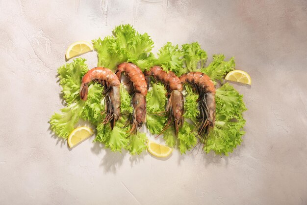 Les crevettes crues sont situées sur les feuilles de salade verte