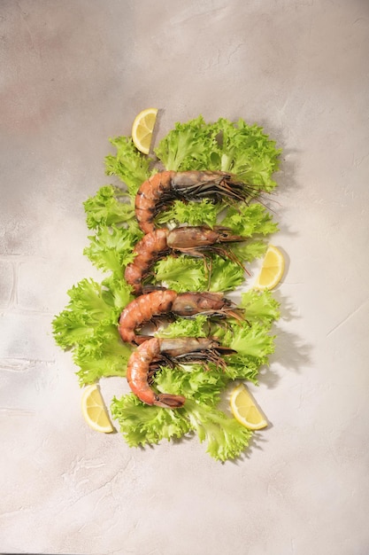 Les crevettes crues sont situées sur les feuilles de salade verte