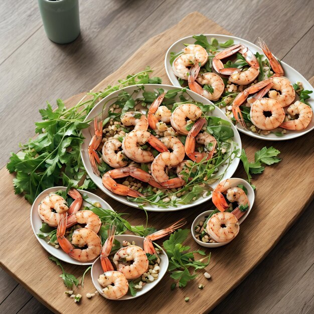 des crevettes épicées sur une table en bois avec de la sauce tomate