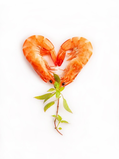 Crevettes en forme de coeur avec de la chaux et des herbes sur fond blanc