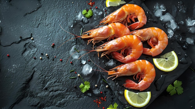 Des crevettes fraîches sur l'ardoise foncée avec de la glace et du citron concept de fruits de mer parfait pour les recettes culinaires présentation de nourriture élégante IA