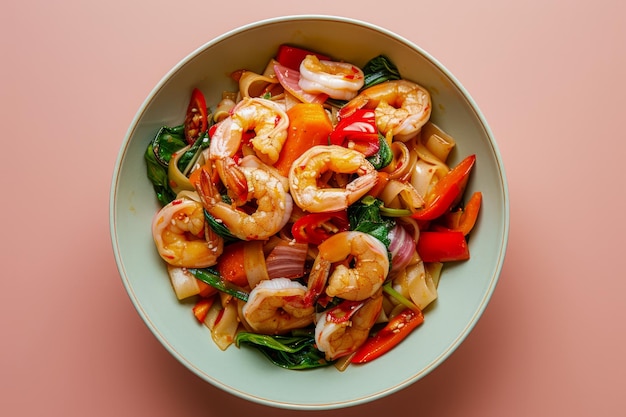 Des crevettes fraîches frites avec des légumes colorés dans un bol sur un fond pastel Des fruits de mer sains