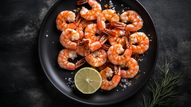 Crevettes grillées sur assiette sur fond sombre