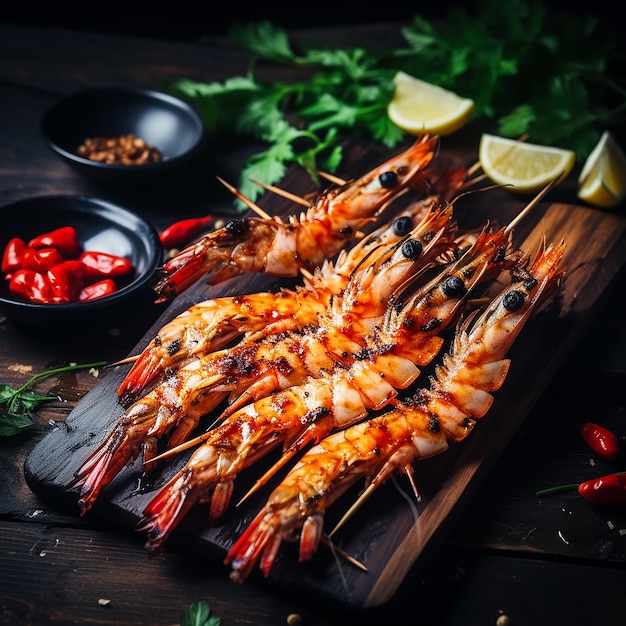 Des crevettes grillées, des brochettes de crevettes.