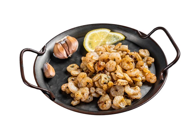 Crevettes grillées, crevettes avec de l'huile d'olive à l'ail et du citron dans un plateau isolé sur fond blanc Vue supérieure