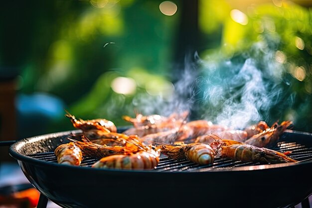 Crevettes grillées cuites avec de la fumée sur le gril