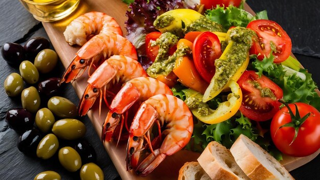 Photo des crevettes grillées à l'huile d'olive et une salade de légumes frais sur une planche de bois sur une planque de pierre d'ardoise noire