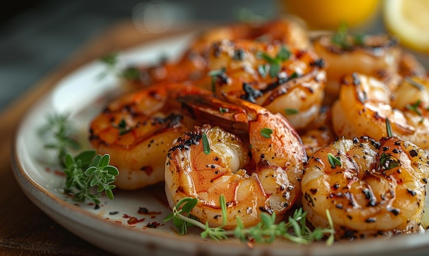 Des crevettes grillées servies avec du citron et des épices sur une assiette