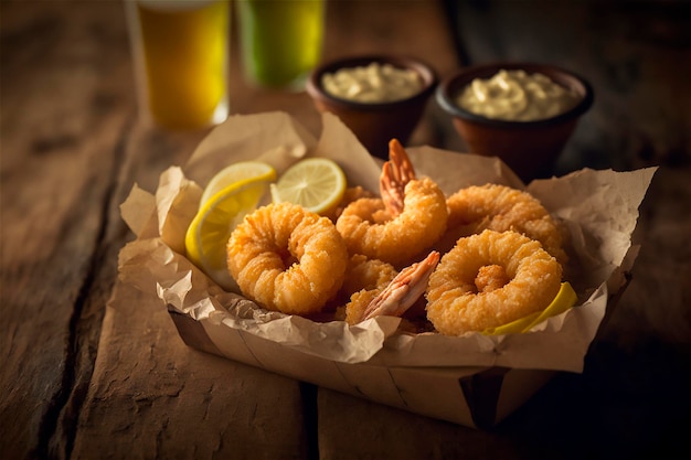 Crevettes panées frites sur une table en bois rustique De délicieux fruits de mer générés par l'IA