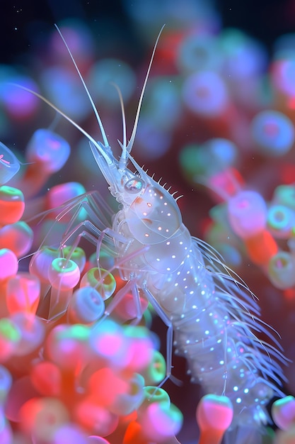 Des crevettes perchées sur une anémone de mer vibrante dans un environnement marin sous-marin