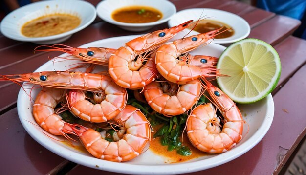 Photo des crevettes royaux asiatiques dans le restaurant de la rue du cambodge