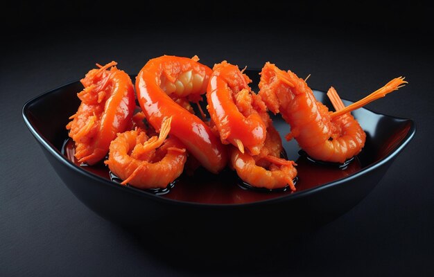 Des crevettes savoureuses en tempura avec de la sauce rouge sur fond noir sur une assiette