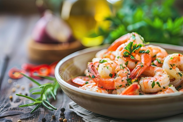 Des crevettes succulentes sautées assaisonnées d'herbes présentées dans un bol sombre prêtes pour un délicieux repas de fruits de mer