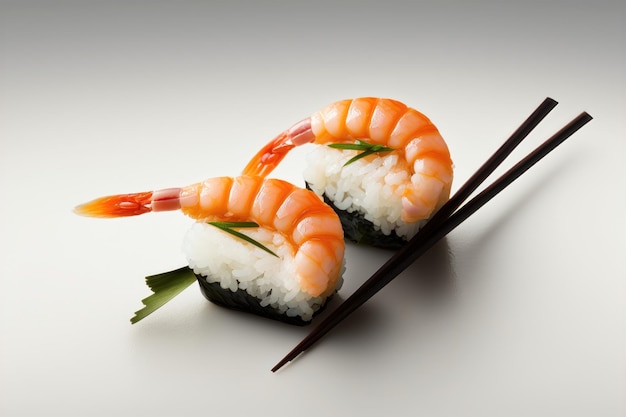 Crevettes sushi nigiri en baguettes isolé sur fond blanc génération AI