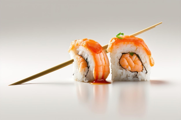 Crevettes sushi nigiri en baguettes isolé sur fond blanc génération AI