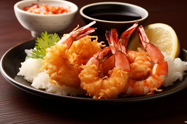 Des crevettes tempura japonaises savoureuses avec du riz