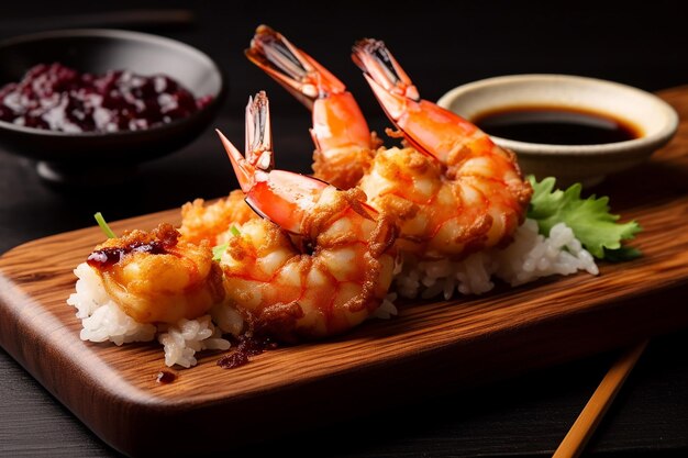 Des crevettes tempura japonaises savoureuses avec du riz